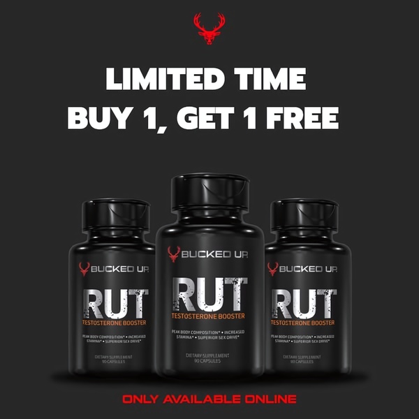 A square-format static ad highlighting a Buy 1, Get 1 Free offer for a testosterone booster supplement with three product bottles as the centerpiece.